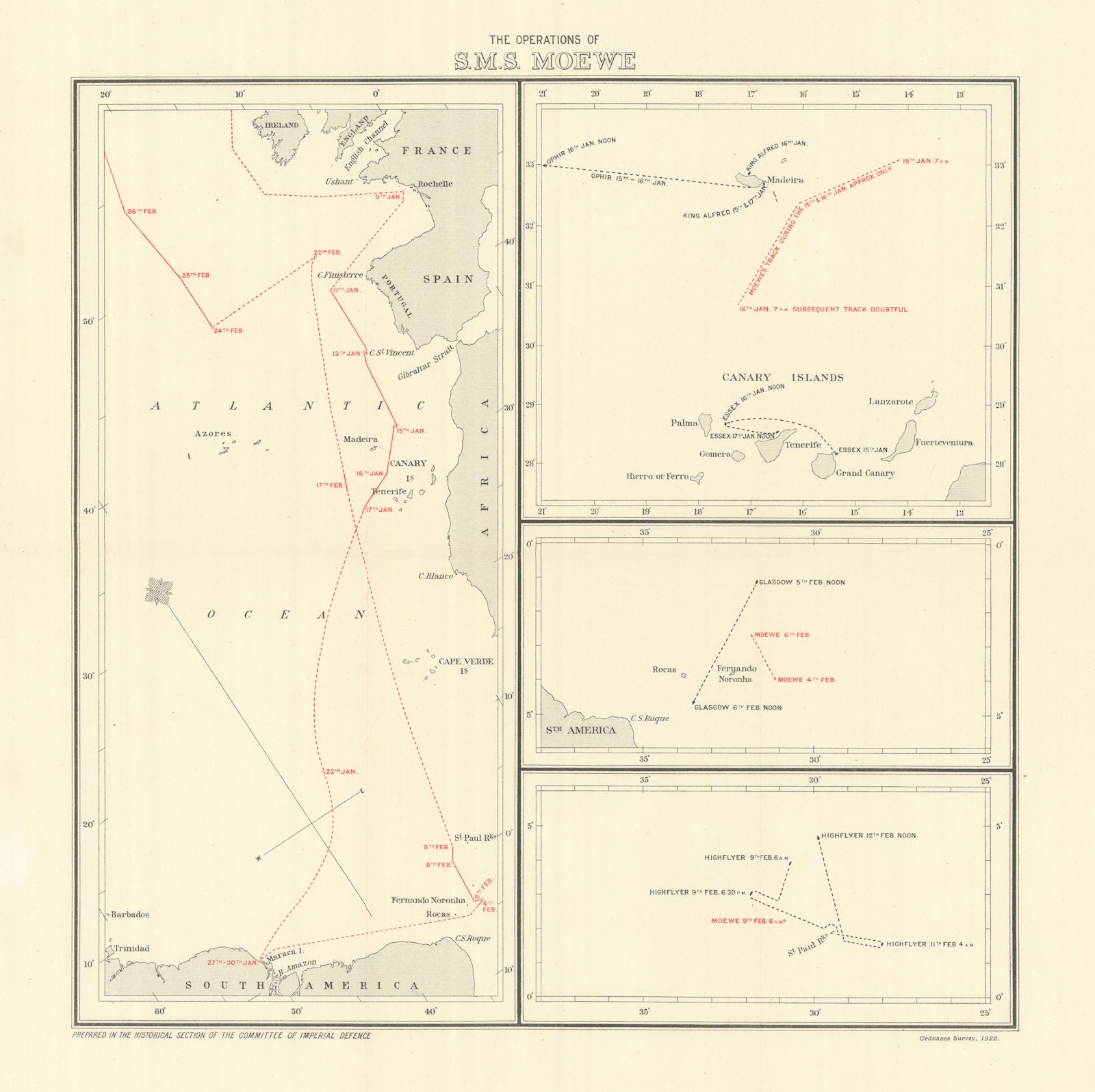 The Operations of S.M.S. Möewe 1916. First World War. 1923 old antique map